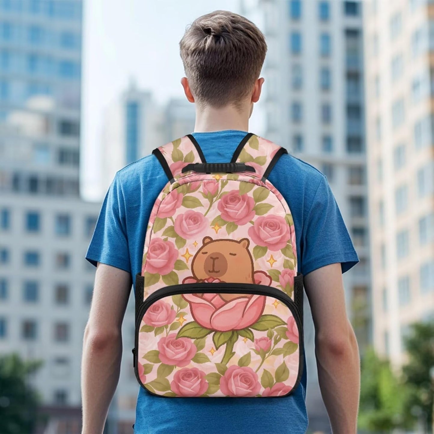 Cute Capybara Pizza Backpack for Girls, 5 Pcs Boys School Bag Set for Kids, 17 Inch Backpacks Lunch Pencil Box Reusable Utensils Case Set for Middle Elementary School, 3rd Grade Backpack