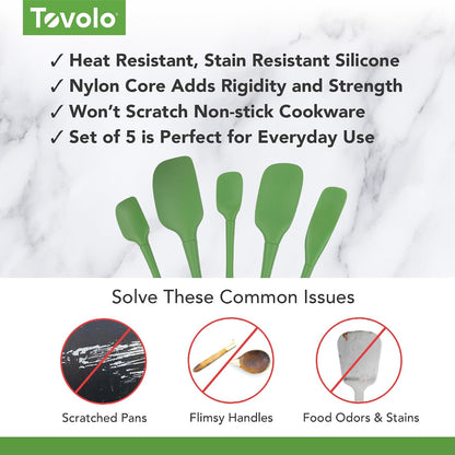 Tovolo Flex Core 5 Piece Silicone Spatula Set Heat Resistant All Silicone Utensils Include Non Stick Spatula Spoonula Jar Scraper, Dishwasher Safe BPA Free Spatulas for Baking Mixing, White