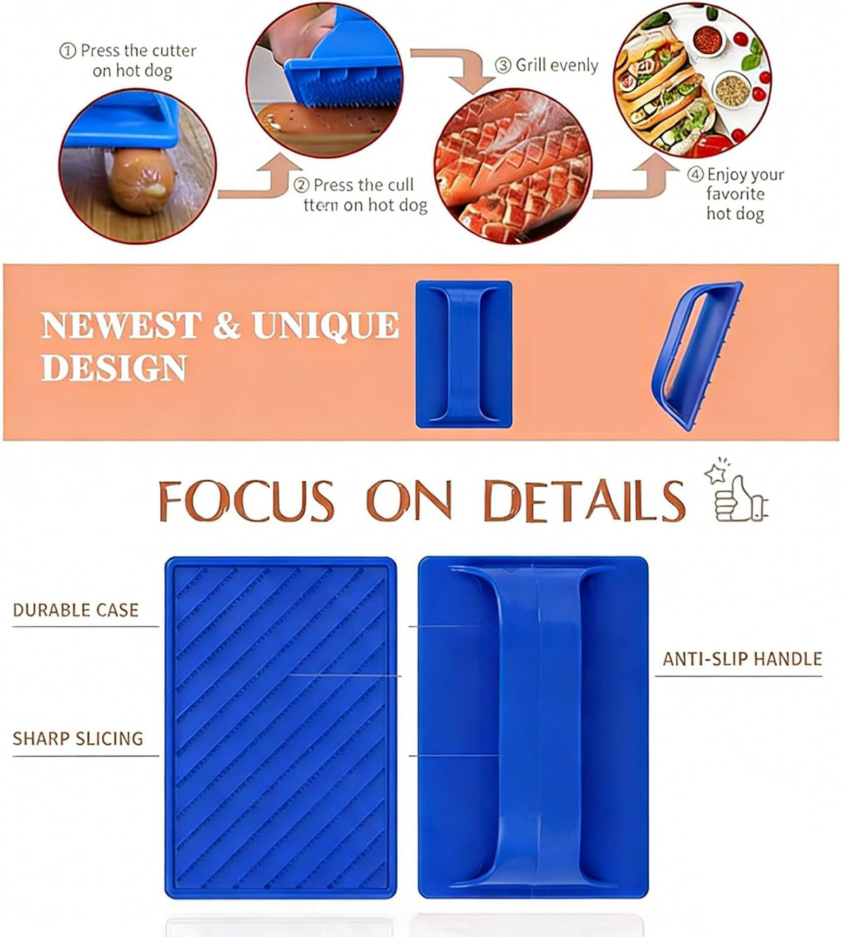 HERCHR Hot Dog Cutter Criss Cross, Hot Dog Cross Hatch Cutter Hot Dog Slicer Tool with 15 Sharp Blades, Sausage Press and Spiral Cutter for Even Grilling, Indoor Outdoor Camping Backyard Use