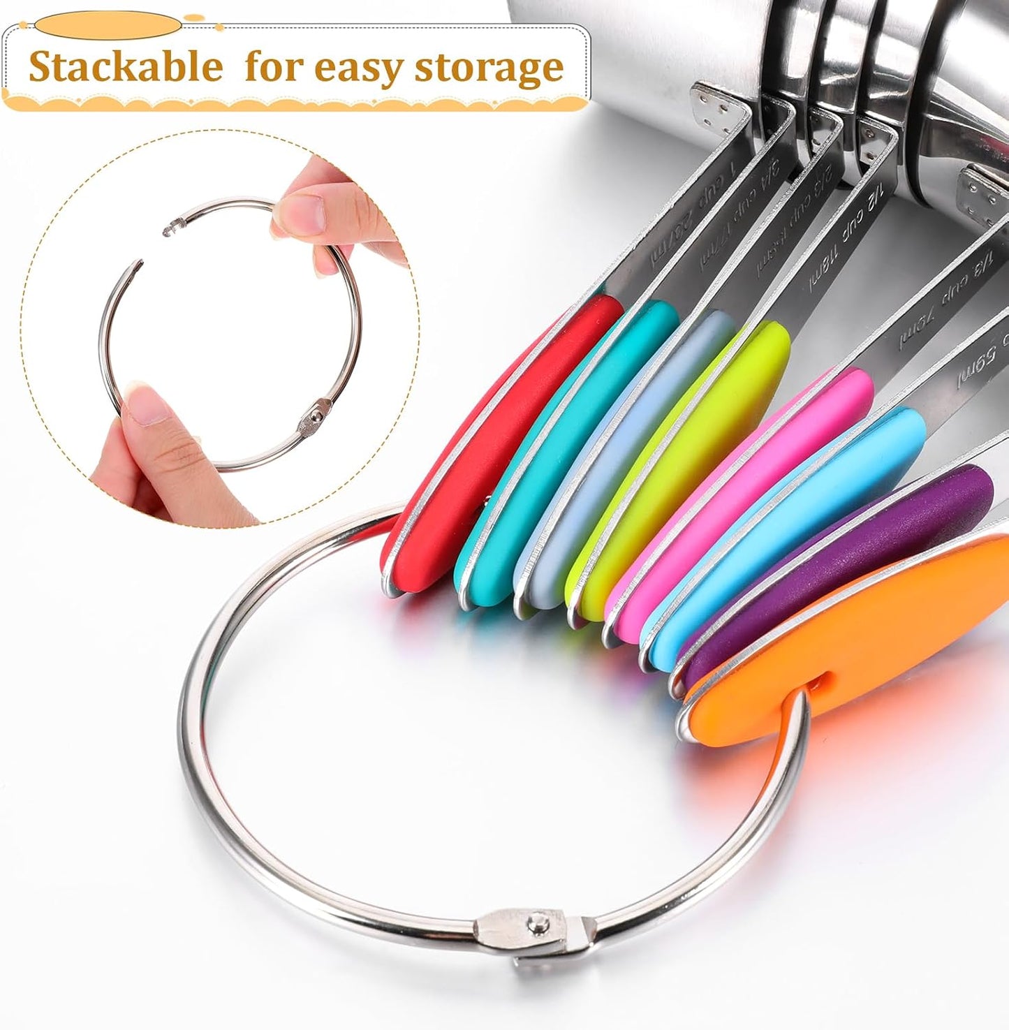 8 PCS Stainless Steel Measuring Cup Set, with Storage Ring, Non-Slip, Stackable, Kitchen Measuring Gadget tool for Cooking Baking, Measure Dry/Wet Ingredients and Liquid, Multicolor, Dishwasher Safe
