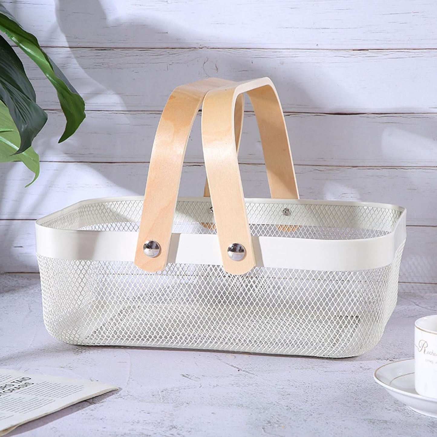 AJIODA Metal Mesh Steel Basket, Storage Organizer Basket Garden Harvest Basket Multi-functional Kitchen Fruit Baskets Bin with Wooden Handle for Bathroom Picnic Shopping Decor Cabinet Home, Pink