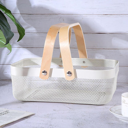 AJIODA Metal Mesh Steel Basket, Storage Organizer Basket Garden Harvest Basket Multi-functional Kitchen Fruit Baskets Bin with Wooden Handle for Bathroom Picnic Shopping Decor Cabinet Home, Pink