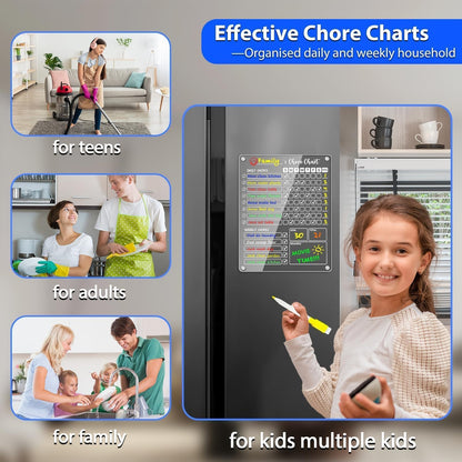 PigPotParty Acrylic Magnetic Chore Chart for Adults, 12x9.5 Inch Clear Dry Erase Chore Board for Fridge, Daily Weekly and Notes Sections, Pre-Installed Embedded Magnets, 8 Fine-tip Markers and Towel