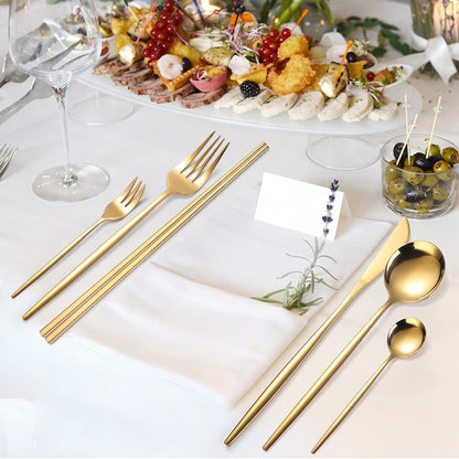 AARAINBOW 8 Pieces Stainless Steel Flatware Set Portable Reusable Cutlery Set Travel Utensils Set Including Chopsticks Knife Fork Spoon Straws Cleaning Brush Dishwasher Safe (Pink Golden)