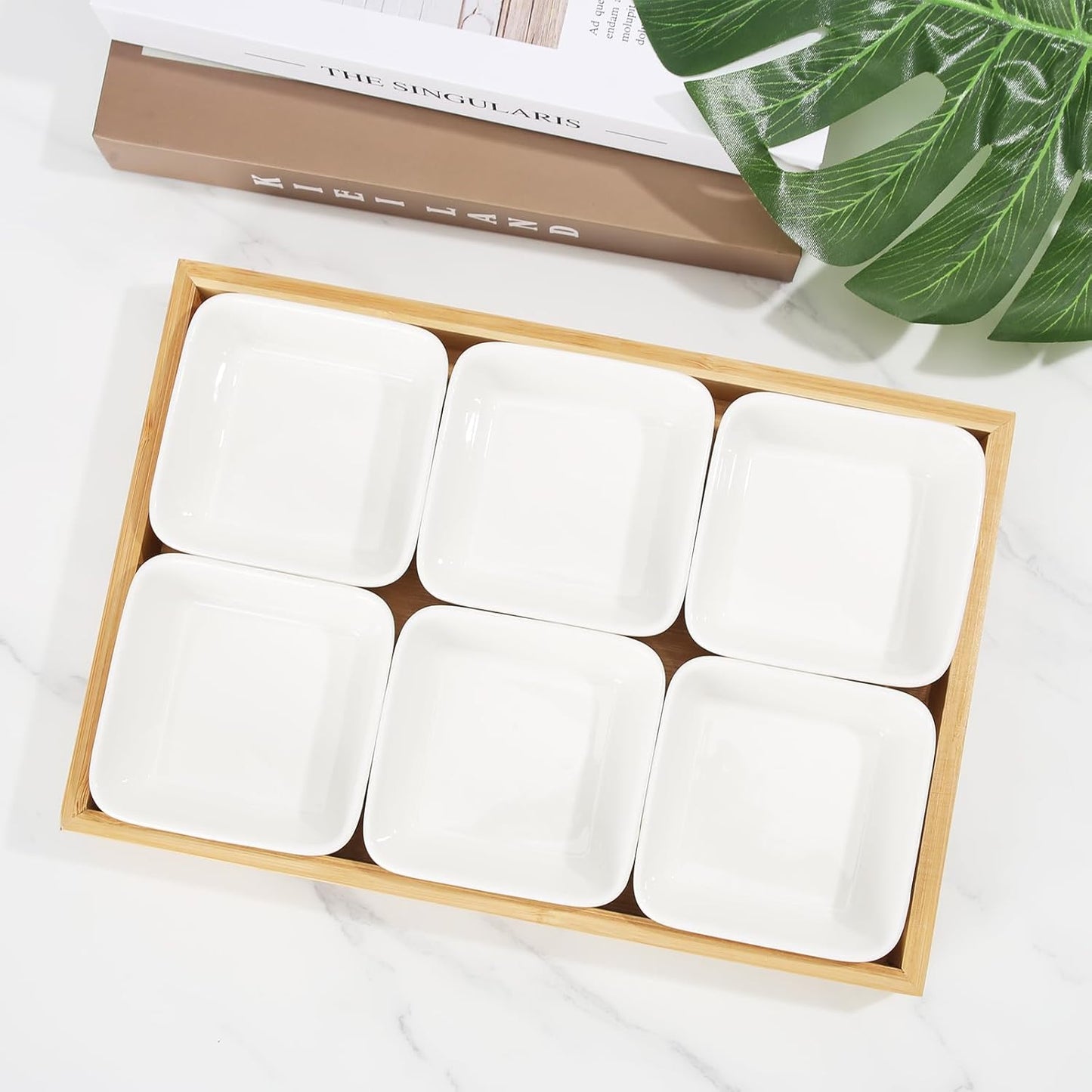 Ceramic Snack Bowls with Bamboo Tray Set,Divided Serving Bowls and Platters for Hosting & Party,Removable Serving Dishes for Chips and Dip,Fruit,Veggies,Candy and Snacks Kitchen Decor (4)