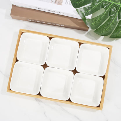 Ceramic Snack Bowls with Bamboo Tray Set,Divided Serving Bowls and Platters for Hosting & Party,Removable Serving Dishes for Chips and Dip,Fruit,Veggies,Candy and Snacks Kitchen Decor (4)