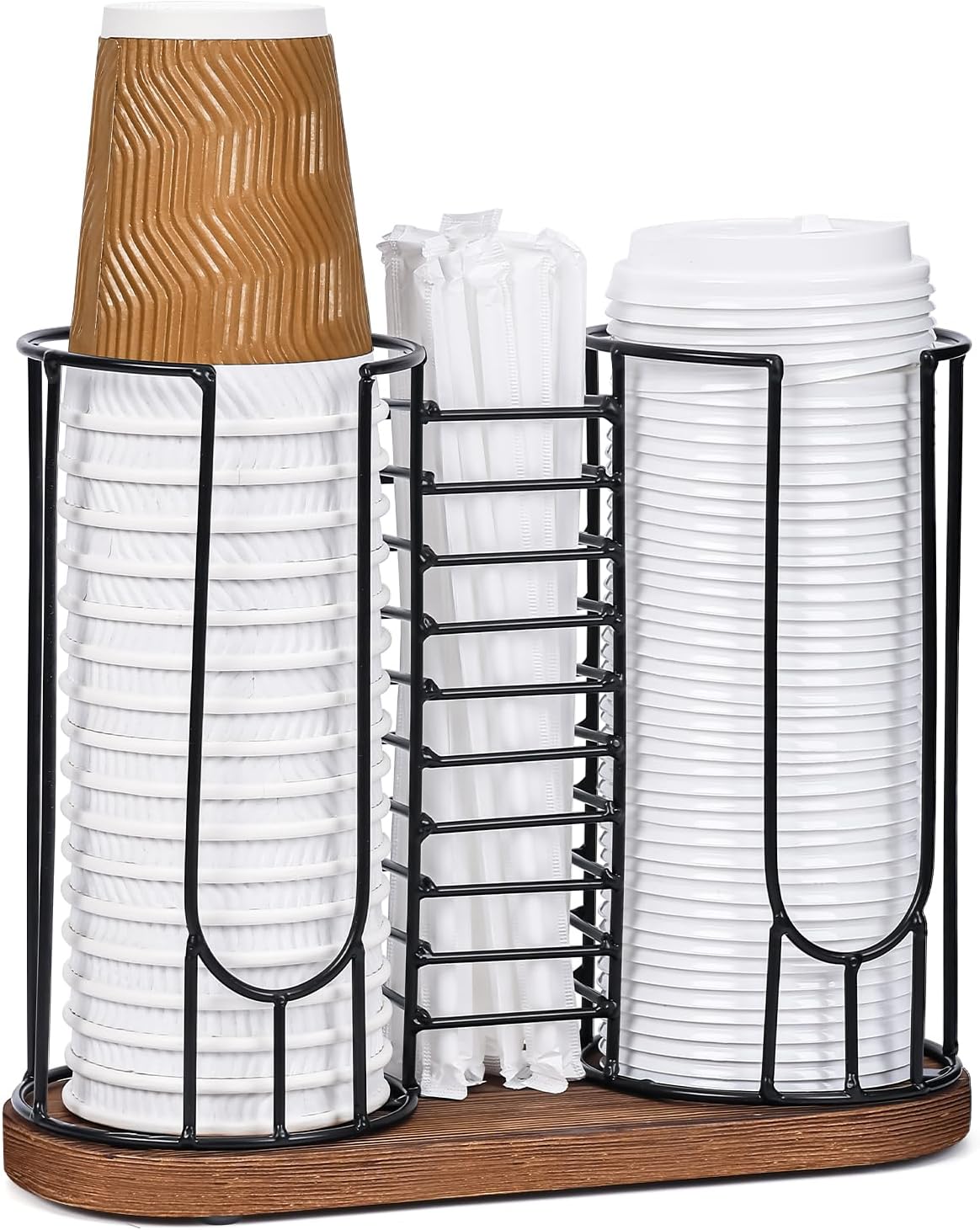 Coffee Cup Dispenser, 3 Compartment Disposable Cup and Lid Holder with Wood Base, Coffee Cup Organizer for Countertop Plastic Cup Station