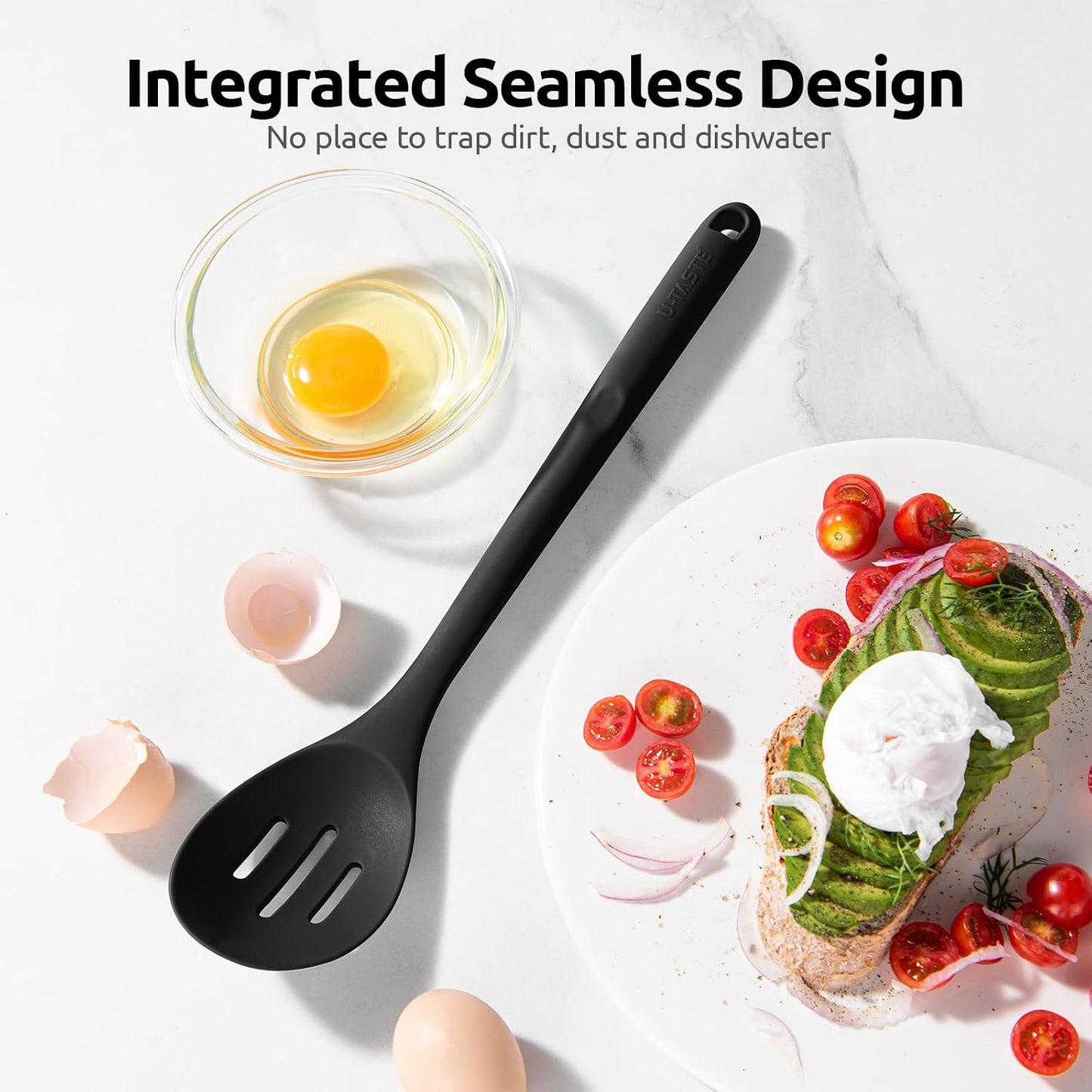 600ºF Heat Resistant Silicone Spoons: U-Taste 13.3in Solid & Slotted Kitchen Cooking Tool, Nonstick Long Rubber Utensil, Sturdy for Mixing, Serving, Stirring, Frying, Basting (Aqua Sky, 2PCS)