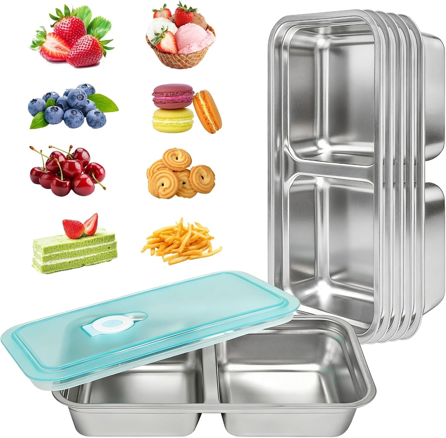 6 PCS Stainless Steel Snack Containers, Double Compartment Bento Box (30oz) with Leakproof Lids, Food Lunch Storage Box Dishwasher Safe & Reusable for Lunch Prep, Travel, Outdoor Camping