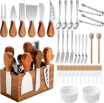 Hushee 44 Pcs Charcuterie Boards Accessories with Magnetic Acacia Wood Holder Wooden Cheese Knife Set for Wood Handle Knives for Cheese Knife Slicer with Tongs, Spoons, Forks, Honey Dipper (Style 2)