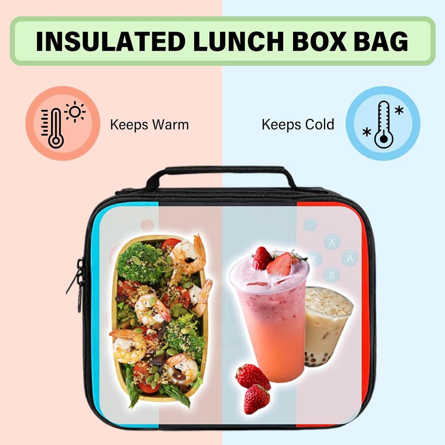 Game Lunch Bag for Boys Girls Gamer, Insulated Video Game Lunch Box for School Work Office Travel Picnic Hiking Beach, Waterproof Leakproof Portable Fits Most Bento Boxes