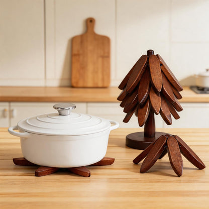 Wooden Tree Coasters Set, Black Walnut Tree Trivet for Hot Dishes, Foldable Stackable Trivets with Stand, Heat Resistant Decorative Coasters for Coffee Table, Kitchen, (Walnut)