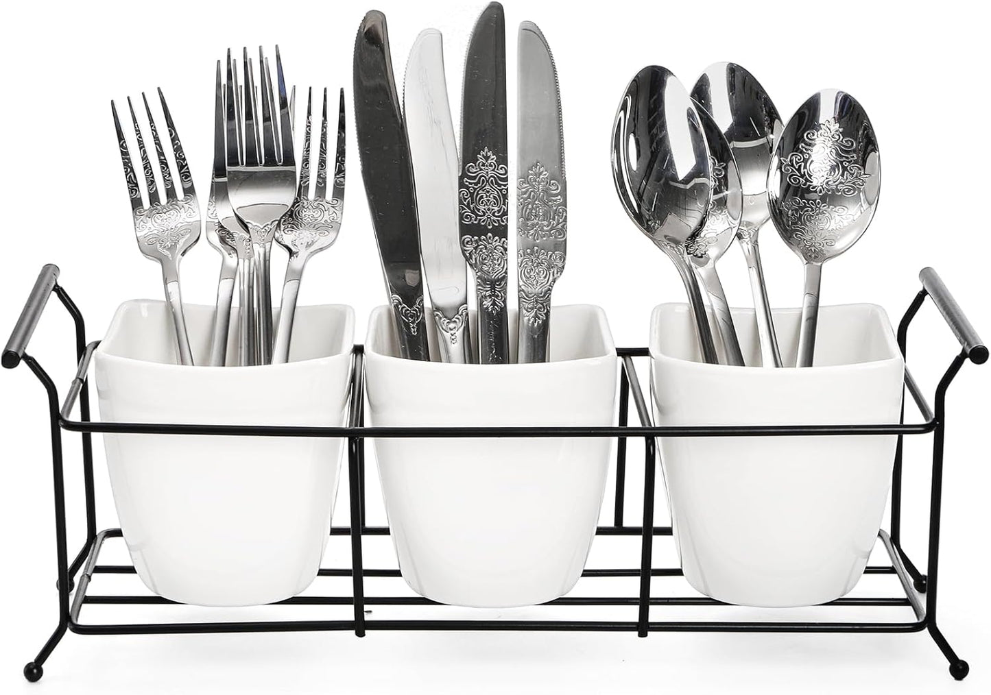 Bekith 3-Piece Ceramic Flatware Caddy with Metal Rack, Utensil Holder Silverware Caddy Cutlery Organizer, White