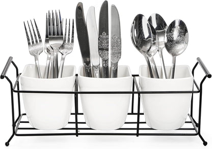 Bekith 3-Piece Ceramic Flatware Caddy with Metal Rack, Utensil Holder Silverware Caddy Cutlery Organizer, White