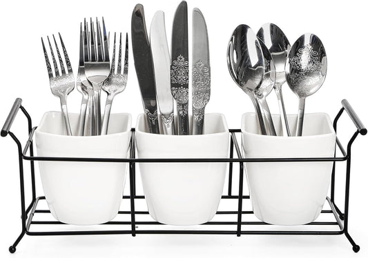 Bekith 3-Piece Ceramic Flatware Caddy with Metal Rack, Utensil Holder Silverware Caddy Cutlery Organizer, White
