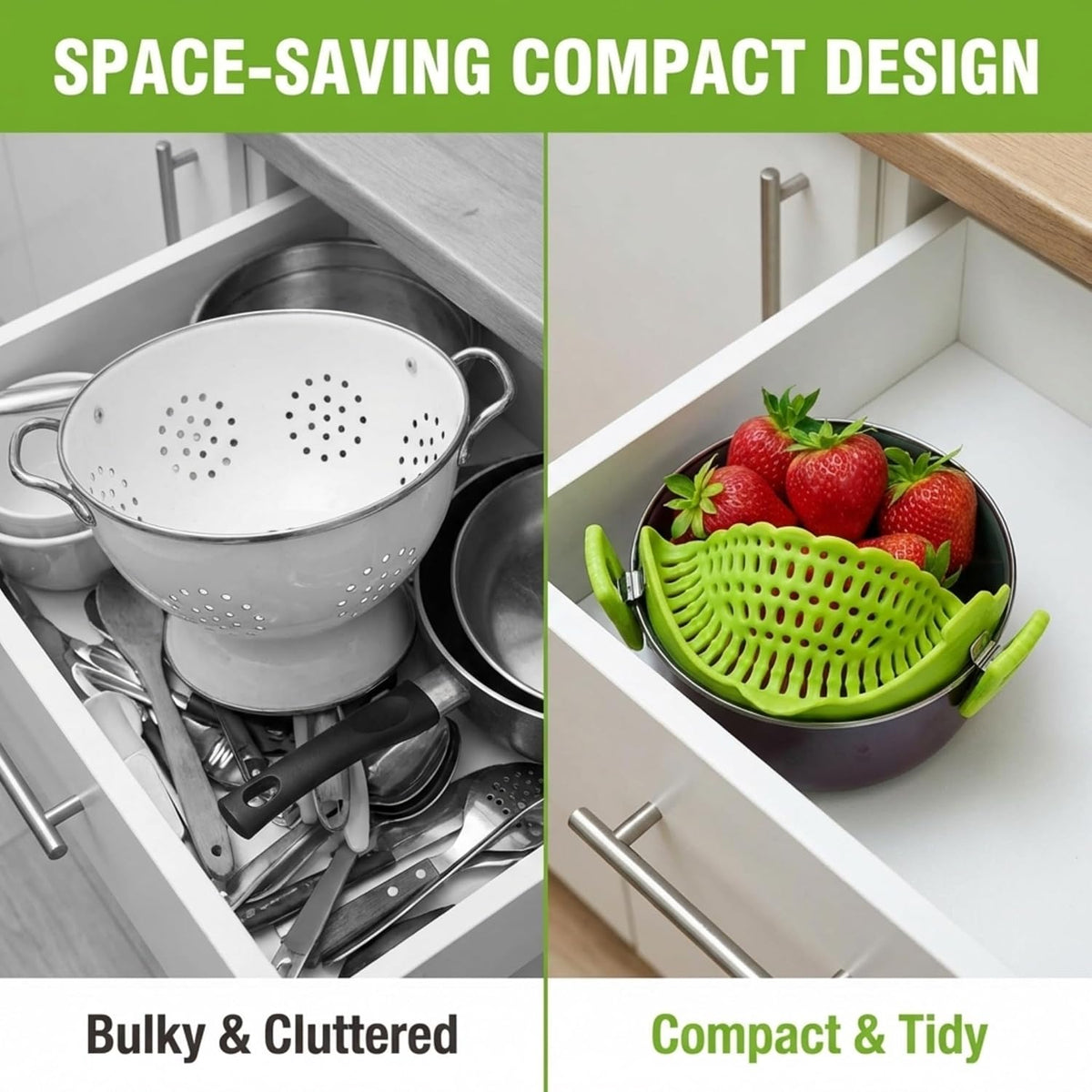 Performore Compact Universal Silicone Snap-On Pot Strainer | Heat-Resistant Clip-On Food Colander | BPA-Free Pasta, Vegetable & Soup Drainer | Dishwasher Safe Kitchen Tool