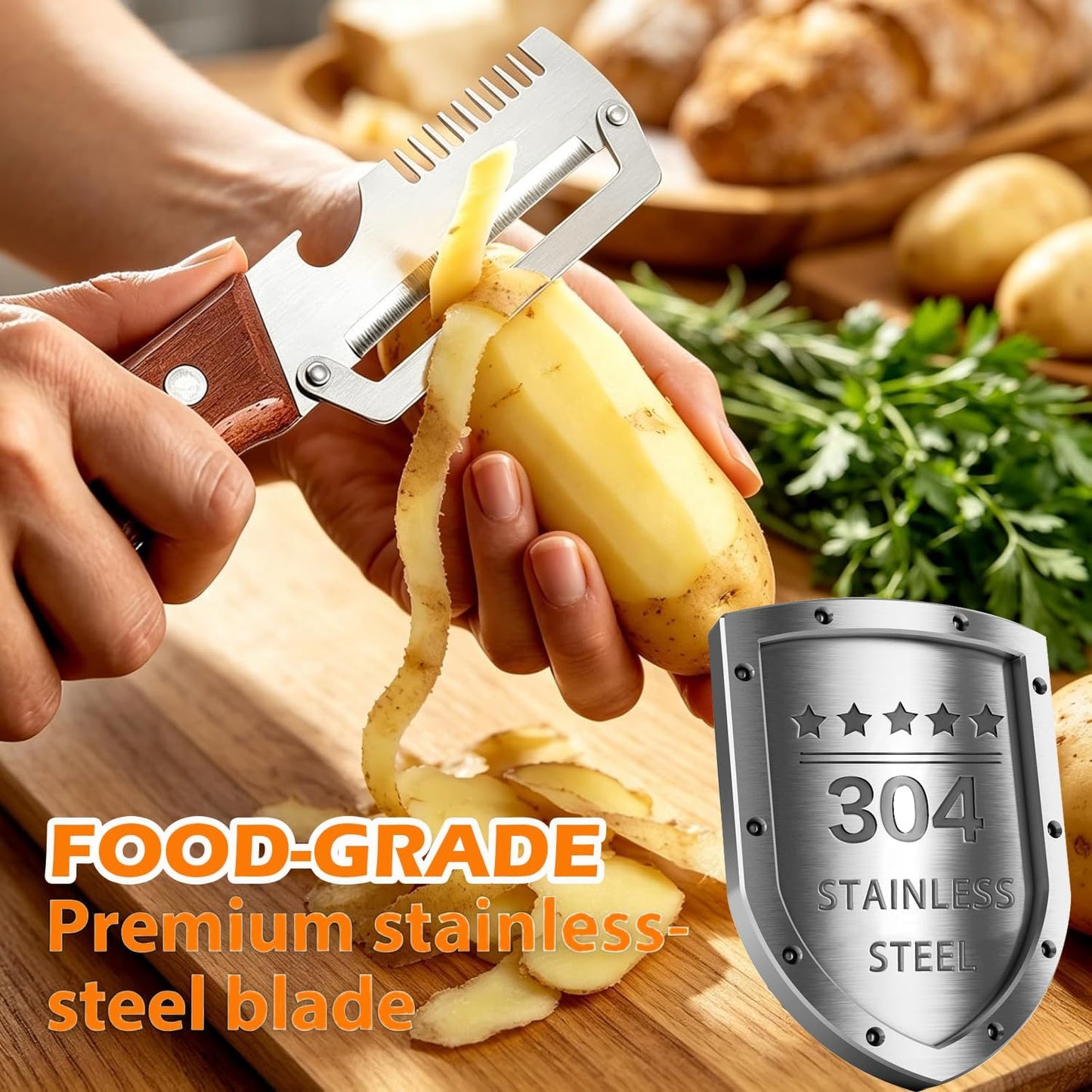 2PCS Multifunctional Vegetable Peeler, 3-in-1 Stainless Steel Vegetable Peeler with Wooden Handle and Bottle Opener, Kitchen Gadgets for Fruit Veggie Potato Pumpkin Apple Carrot