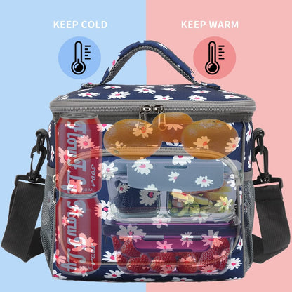 FlowFly Insulated Reusable Lunch Bag Adult Large Lunch Box for Women and Men with Adjustable Shoulder Strap,Front Zipper Pocket and Dual Large Mesh Side Pockets,Cherry - Colors B