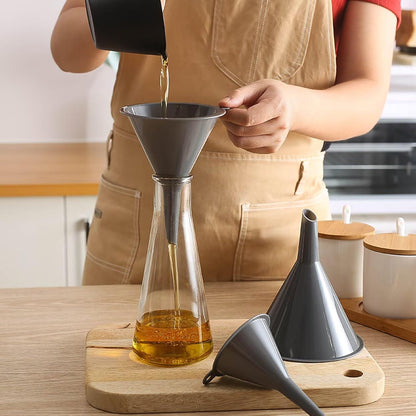 Plastic Kitchen Funnel Set of 3, Round Kitchen Funnels for Filling Bottles, Durable and Multifunctional Funnels for Filling Canning, Cooking, Lab or Car Oil (Gray)
