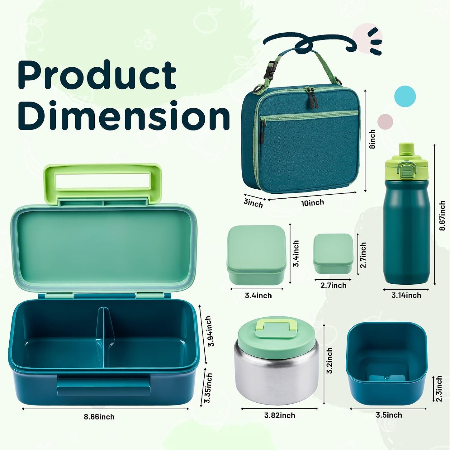 MAISON HUIS Bento Box for Kids with 8oz Soup Thermo, Insulated Lunch Bag & 17oz Water Bottle, 2-Compartment Bento Box with Built-In Ice Pack, Leak-Proof & BPA-Free (Purple)