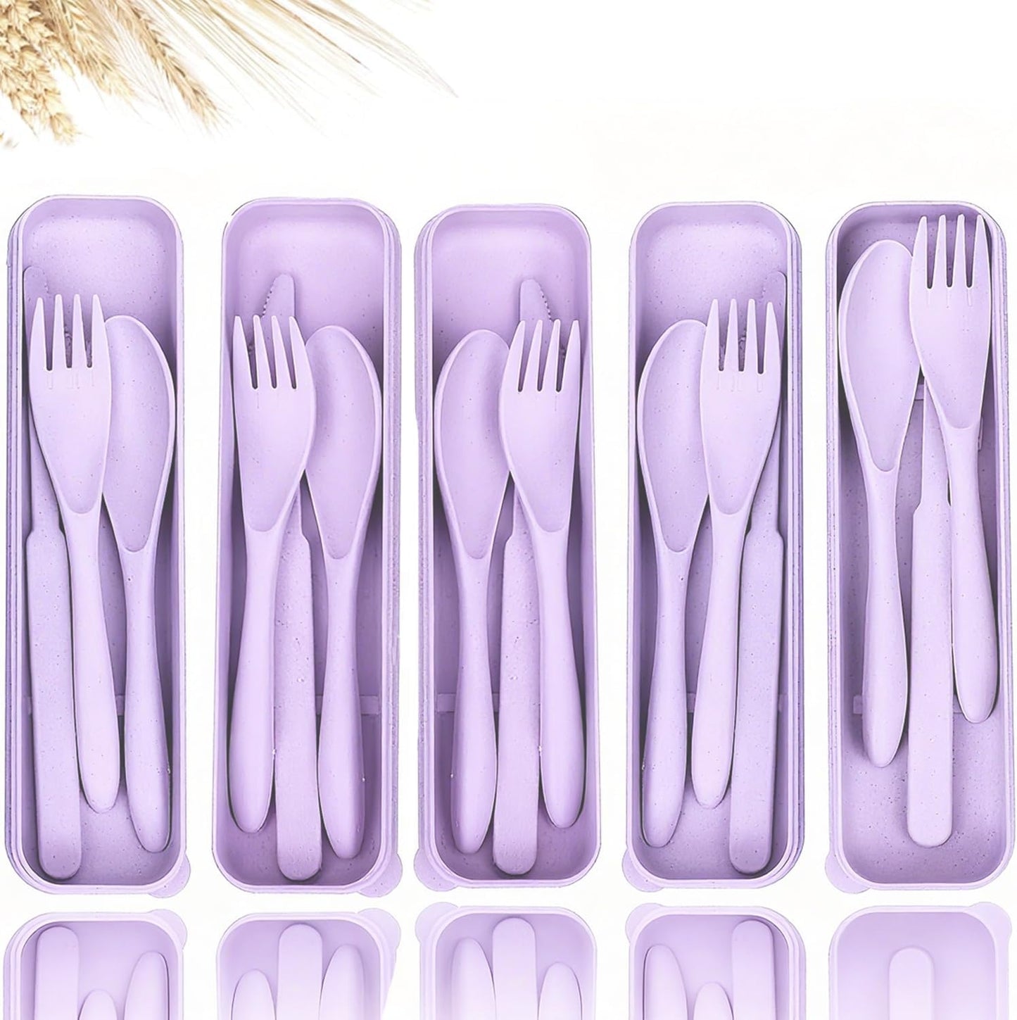 Travel Utensils Set - Reusable 5 Sets Wheat Straw Plastic Cutlery with Case, Portable Forks Spoons and Knives Set, Eco-Friendly BPA Free for Daily Use (5 Purple)