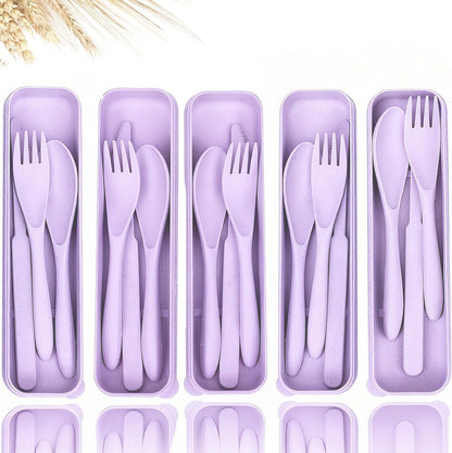 Travel Utensils Set - Reusable 5 Sets Wheat Straw Plastic Cutlery with Case, Portable Forks Spoons and Knives Set, Eco-Friendly BPA Free for Daily Use (5 Purple)