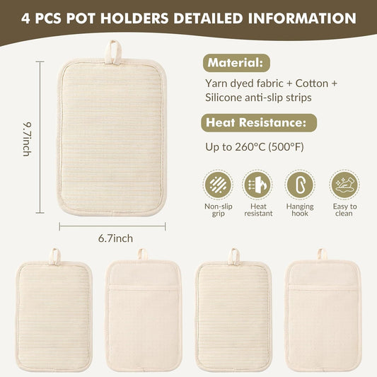 LEEPENK10Piece Pot Holders for Kitchen Heat Resistant,4 Beige Pot Holder with Non-Slip & 4 Japanese Pattern Potholders,Plus 2 Mini Oven Mitts,Hot Pads for Cooking Hot Dishes,Kitchen Aid Pot Holders