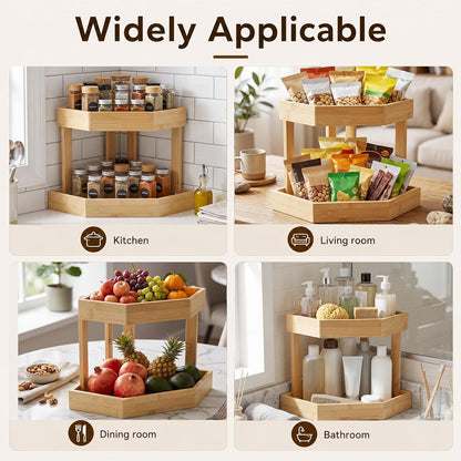 Bamboo 2 Tier Fruit Basket for Kitchen Counter, Corner Fruit Stand Holder, Detachable Countertop Organizer Large Capacity for Vegetables, Bread, Snack, Spice Jars Storage(Bamboo,2 Tire)