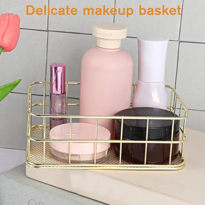 Gold Metal Wire Basket, 6.7 x 4.7 x 2.4 Inch Small Storage Basket Stackable Metal Wire Mesh Bin with Handles for Organizing, for Home Desk Pantry Bathroom Kitchen Countertop, Gold