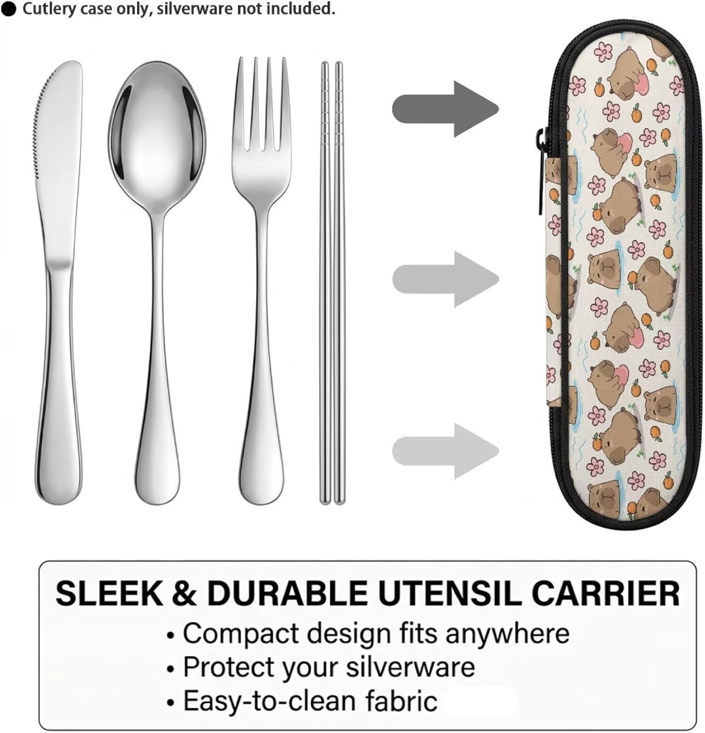 Travel Cutlery Set with Case for Kids Portable Utensil Case Reusable Silverware Pouch for School Travel Lunch Capybara Flower