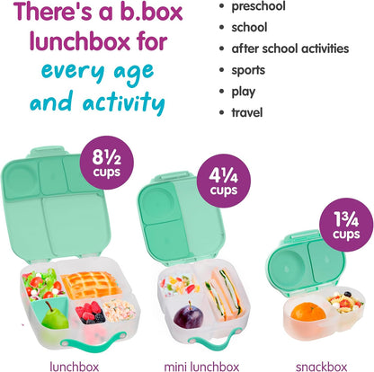 b.box Mini Lunch Box 2-Pack, Leak Proof Bento Box for Kids, 3 Compartment Snack Containers Ages 3+, Lunchbox for Daycare + School, Dishwasher Safe, BPA-Free, PFAS-Free, 4.25 Cup - Blue + Green