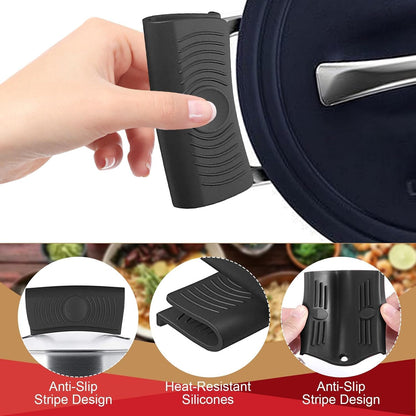 4 Pack Silicone Hot Skillet Handle Holder and Pot Holders Cover Sleeve, Heat Resistant Cast Iron Potholder Protectors Grip, Anti-Spill Non-Slip Cookware Handles for Pans,Oven (Black)