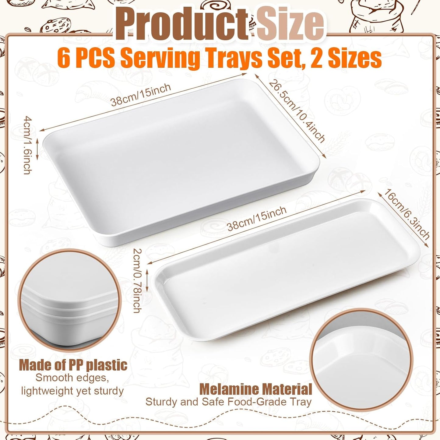 6 Pcs Large Serving Tray and Platters for Party, 15" White Plastic Food Display Trays for Cookies Desserts Appetizers, Reusable Rectangular Hosting Essentials for Buffet Catering