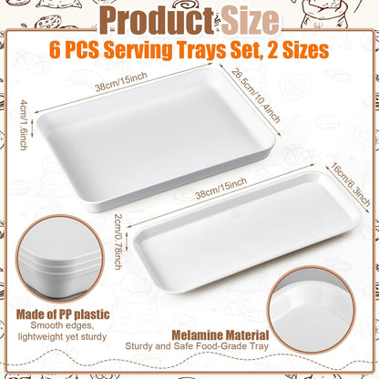 6 Pcs Large Serving Tray and Platters for Party, 15" White Plastic Food Display Trays for Cookies Desserts Appetizers, Reusable Rectangular Hosting Essentials for Buffet Catering