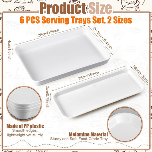 6 Pcs Large Serving Tray and Platters for Party, 15" White Plastic Food Display Trays for Cookies Desserts Appetizers, Reusable Rectangular Hosting Essentials for Buffet Catering