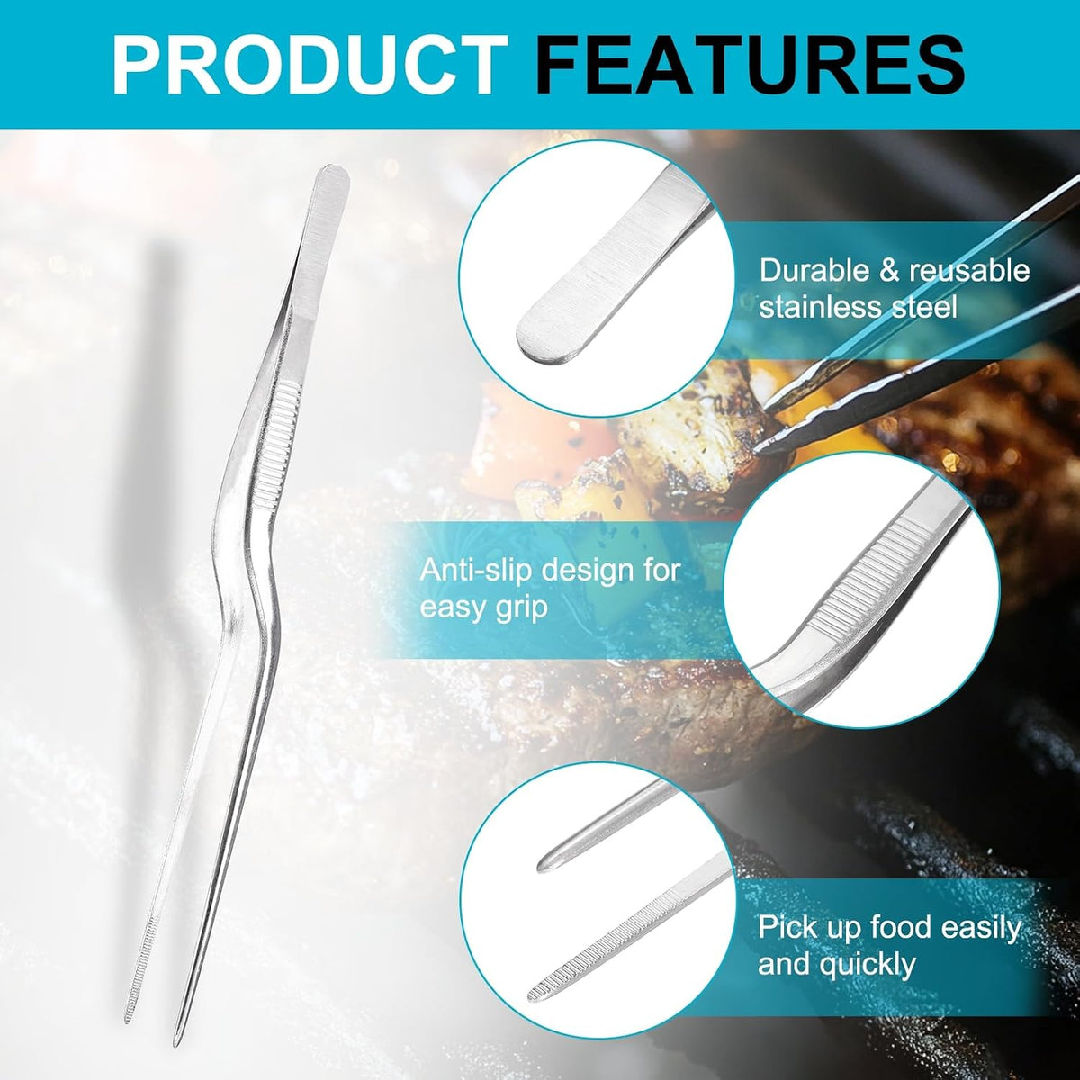 uxcell Kitchen Tweezers Stainless Steel, 10 Inch Food Tongs Fine Cooking Tweezers Set Extra-Long Tweezer Tongs for Cooking Grill Baking BBQ, Black Clip