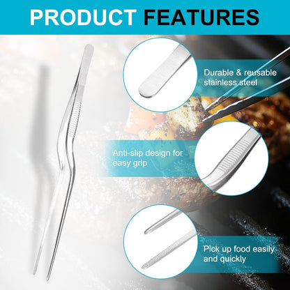 uxcell Kitchen Tweezers Stainless Steel, 10 Inch Food Tongs Fine Cooking Tweezers Set Extra-Long Tweezer Tongs for Cooking Grill Baking BBQ, Black Clip