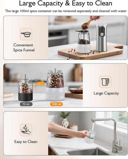 Electric Salt and Pepper Grinder Set, 2 in 1 Dual Bins USB Rechargeable
