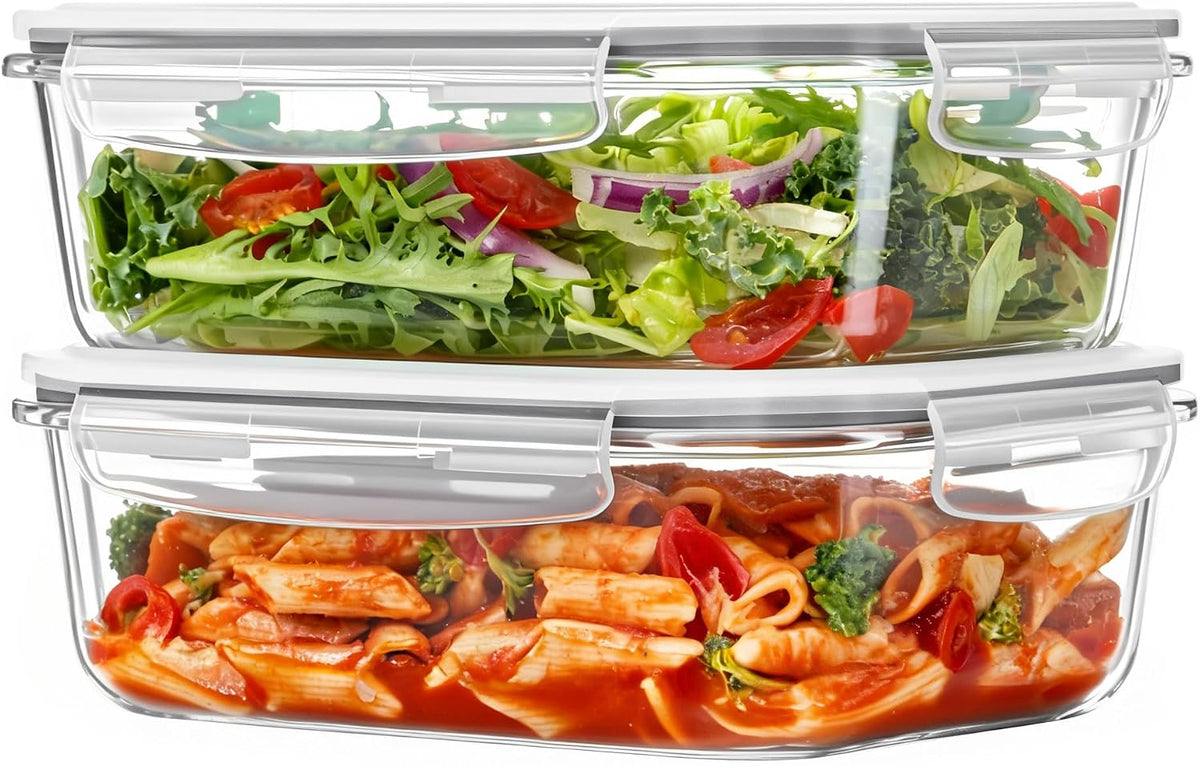 Vtopmart 2Pack 1860ml/63oz Large Glass Storage Containers with Lids, Meal Prep Food Container Set with Snap Airtight Lid for Baking, Microwave, Oven, Leak Proof, for Freezer, Dishwasher, Grey