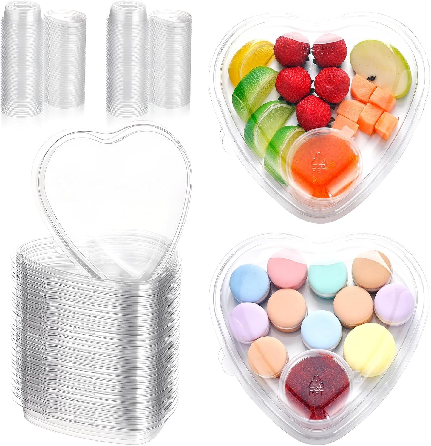 30 Set Heart Fruit Tray with Lid 7. 5 Inch Disposable Veggie Appetizer Tray with 2 oz Clear Plastic Dip Cup for Serving Party Dessert Cups Food Dip Platter Container for Veggie Snack Party