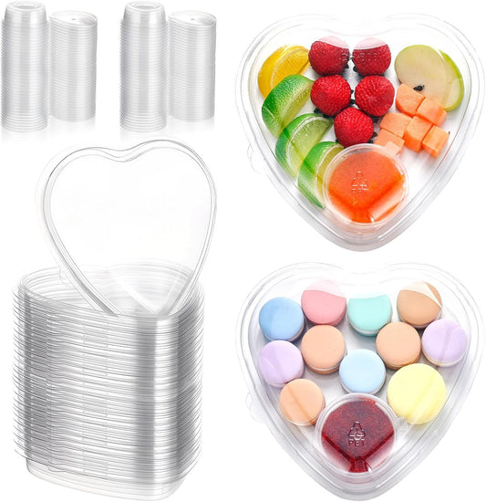 30 Set Heart Fruit Tray with Lid 7. 5 Inch Disposable Veggie Appetizer Tray with 2 oz Clear Plastic Dip Cup for Serving Party Dessert Cups Food Dip Platter Container for Veggie Snack Party