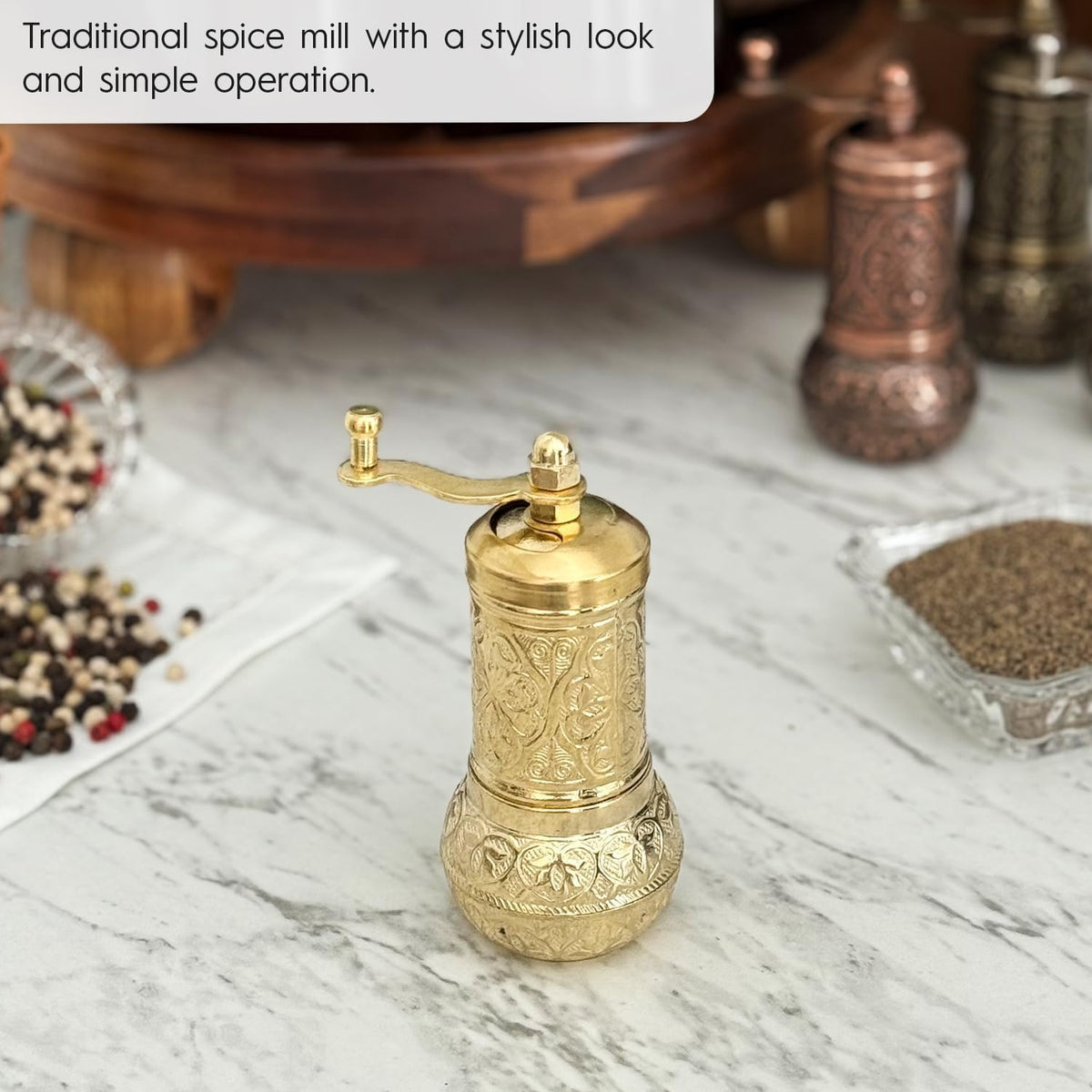 Handmade Decorative Black Pepper Grinder, Zamak Conical Burr, Refillable Turkish Spice Mill Manual Pepper Mill with Handle, Spice Grinder Metal with Hand Crank 11 cm-4.3 inch