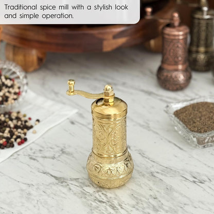 Handmade Decorative Black Pepper Grinder, Zamak Conical Burr, Refillable Turkish Spice Mill Manual Pepper Mill with Handle, Spice Grinder Metal with Hand Crank 11 cm-4.3 inch