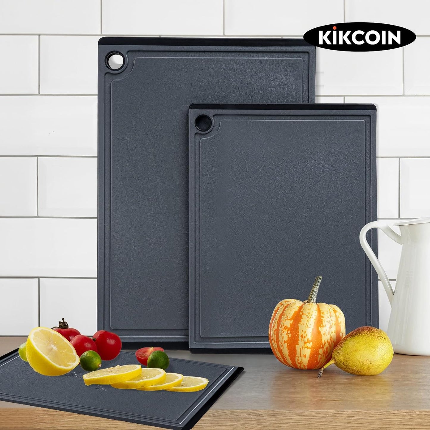 Kikcoin Plastic Cutting Boards for Kitchen, 3-Piece Large Cutting Board Set Dishwasher Safe Chopping Boards with Non-slip Feet and Juice Grooves, Gray