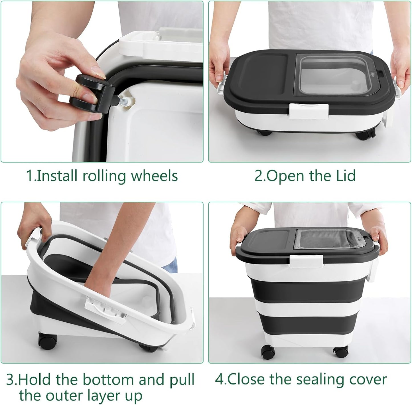 Dog Food Storage Container with Rolling Wheel and Airtight Lid, Black, 30LB | Foldable Food Storage Bins with Snap-Lid Seal to Keep Kibble, Pellets or Seeds Fresh for Dogs, Cats and Birds