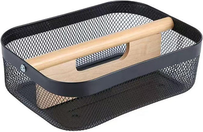AJIODA Metal Mesh Steel Storage Basket, Garden Harvest Wire Organizer Basket Multi-functional Kitchen Fruit Basket with Wooden Removable Partition & Handle for Bathroom Picnic Decor Cabinet, Grey