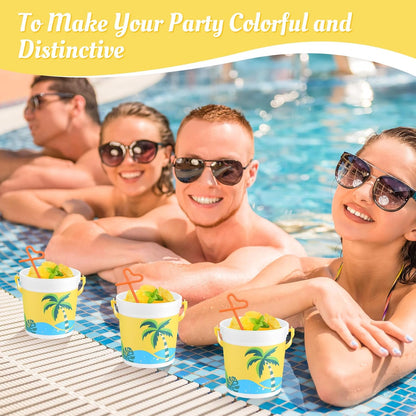 20 Pcs 32 oz Plastic Cocktail Rum Buckets with Handles for Drinks with 100 Colorful Straws Reusable Portable Drink Buckets for Beach Summer Bar Parties
