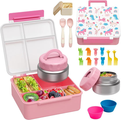 Bento Lunch Box with 9.5 oz Soup Thermo, Kids Leakproof 4 Compartments Bento Box with Silicone Cupcake,Fruit Fork,Spoon and Sauce Cup,Insulated Food Jar for School Travel-Black