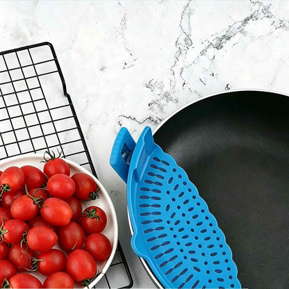 Blue Silicone Clip On Strainer, Universal Pot Colander for Draining Pasta, Vegetables and Kitchen Cooking