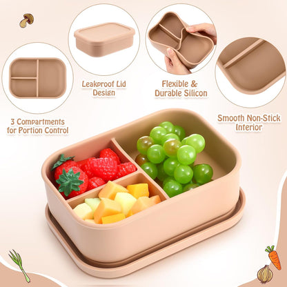 Honeydak 6 Pcs Silicone Bento Box Reusable Silicone Bento Lunch Container for Adults Microwave Dishwasher Freezer Safe 3 Compartment (Light Colors)